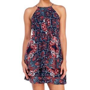 Parker Bandana Print Lace-up Halter Mini Dress, Navy Red Ruffle Hem Women's S